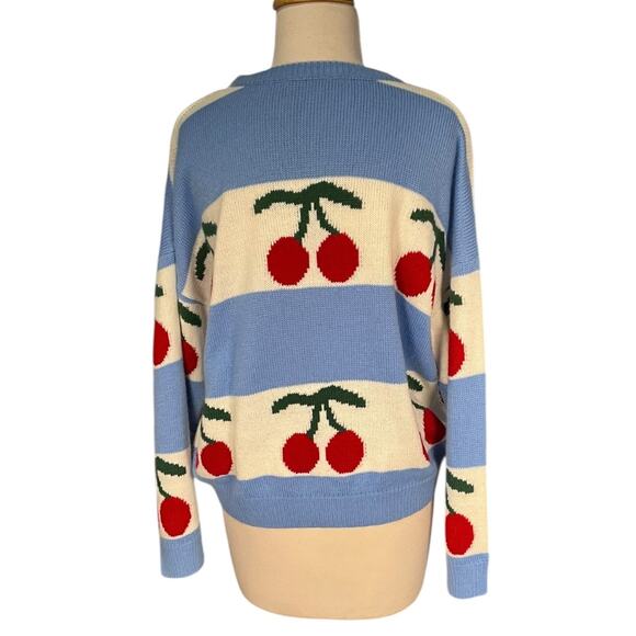 Vestique Cherry Sweater XS Blue Cream Cozy Knit Playful Y2K Cottagecore Cozy - Picture 2 of 10